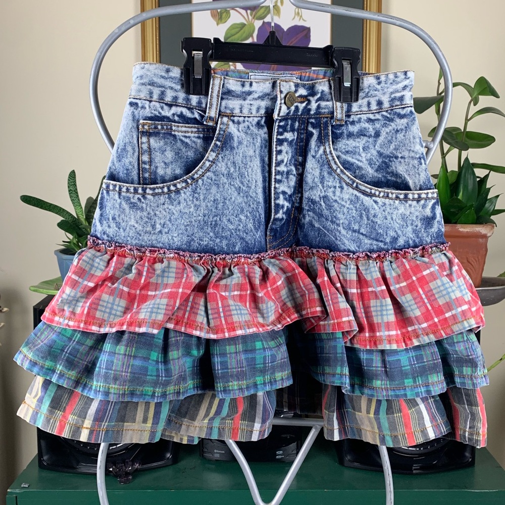 90s Denim Mini Skirt w/Plaid Ruffles - XXS